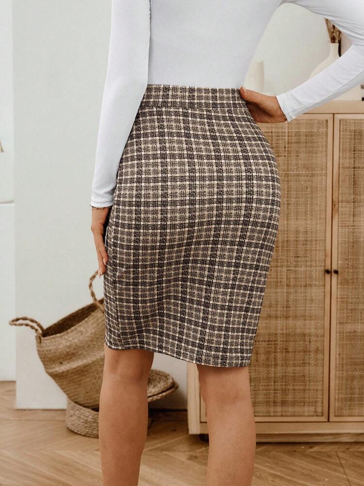 Women's Elegant Plaid Fitted Skirt, Suitable For Commuting