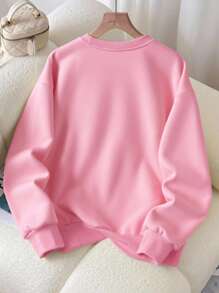 SHEIN Sudadera de cuello redondo de manga larga con adornos de strass y decoración de lazo, regalo de otoño para amigos - Rosa - Ver 2