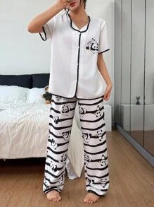 SHEIN Women's Black And White Striped Pajama Set With Panda Prints And Short Sleeves Comfy Pajamas Set Cute Pajamas Set Panda Pajamas - Black and White - View 3