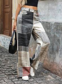 EMERY ROSE Jeans taille haute à jambe large avec imprimé graphique, style de rue décontracté pour femmes