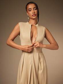 Hauture Vestido maxi de salida con cremallera frontal, sexy, de tela elástica y plisada para mujer - Caqui - Ver 2