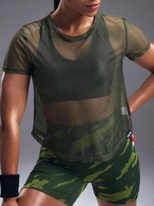 Powerista Sheer Workout Top,Ladies Mesh Workout Top Gym Women Shirts - Olive Green - View 3