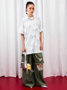 COUREZ 低腰宽松灯笼裤，卡其色水洗做旧款 / Y2K 低腰牛仔裤，秋季女装，秋季外出穿搭，低腰牛仔裤 - 軍綠色 - 查看 4