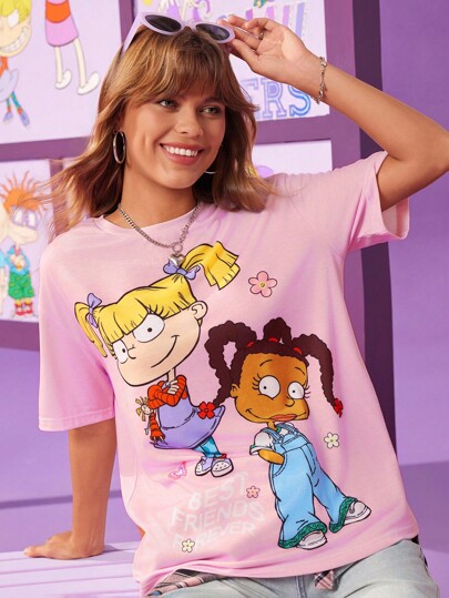 Nick 90s | SHEIN Camiseta de mujer de manga corta con cuello redondo y gráfico de figura de dibujos animados