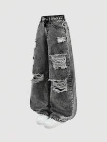 SHEIN Girlism 少女蓝色做旧宽松直筒牛仔裤 - 黑色 - 查看 5