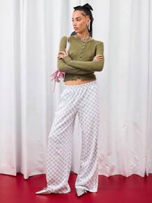 COUREZ 印花宽松运动裤，侧边条纹设计 / Y2K 秋季女装 秋季休闲可爱风 - 藍白色 - 查看 2