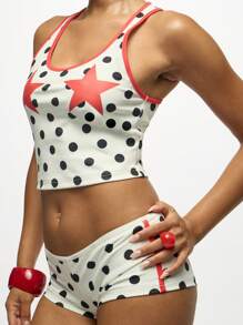 SUMWON WOMEN 女式波尔卡圆点两件套星星印花节日套装无袖背心和短裤夏季沙滩装高腰 - 白色 - 查看 4