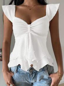 SHEIN EZwear 女士纹理针织荷叶边下摆甜心领泡泡袖优雅T恤，锐舞上衣