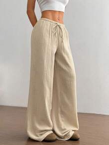 SHEIN Tall 1 件女士休闲宽松低腰休闲裤，杏色，适合通勤、居家、四季