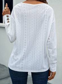 EMERY ROSE New Fashion Casual Colorblock Ribbed V-Neck Long Sleeve Loose T-Shirt For Plus Size Women Fall Cloth For Women - White - View 3