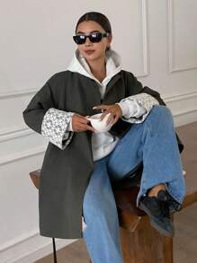 DAZY 女士蕾丝花边袖口收腰中长立领休闲风衣女式夹克，秋季女装 - 深灰色 - 查看 1