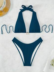 Swim Vcay Summer Beach Chain Linked Halter Bikini Set - Teal Blue - View 3