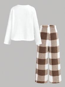 SHEIN 2pcs Teen Girl Plaid Pocket Decor Round Neck Long Sleeve Pajama Set With Plaid Pants, Comfortable Flannel Sleepwear For Autumn/Winter - Khaki - View 2