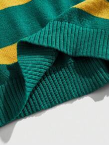 ROMWE MEN Prep 男式 Polo 领学院风徽章条纹针织毛衣，学院风青春时尚，秋冬 - 綠色 - 查看 5
