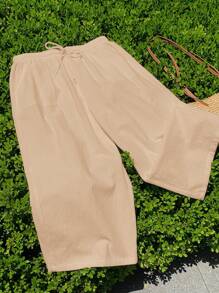 Comfortcana Plus Size Women Casual Solid Color Wide Leg Pants - Apricot - View 4