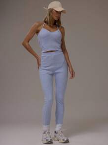 MUSERA Rib Jersey Halter Neck Fitted Cup Detail Cropped Top Casual, Airport, Loungewear, Back To School, Fall - Blue - View 5