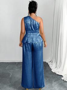 Ellevyn 2 件大码女式优雅金箔装饰无袖短款上衣和阔腿裤套装 - 藍色 - 查看 2