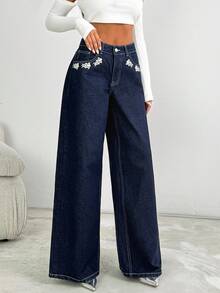 EURMUSE Low Waist Shiny Stone Detailed Straight Jean Wide Leg Jeans Baggy Jeans Y2k Jeans Rhinestone Jeans Embellished Jeans - Dark Wash - View 5
