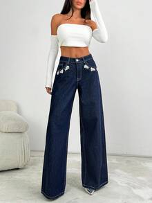 EURMUSE Low Waist Shiny Stone Detailed Straight Jean Wide Leg Jeans Baggy Jeans Y2k Jeans Rhinestone Jeans Embellished Jeans - Dark Wash - View 6