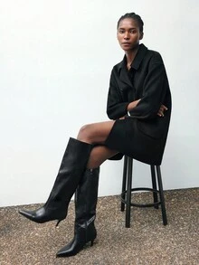 Maija Wool Material Women's Solid Color Lapel NeckLong Sleeve Double-Breasted Casual Overcoat Modern Urban Casual Fashion Business Casual Women's Office Wear Low-Key Old Money Style Effortless Temperament High-End Urban Commuting High-Quality Airport Women's Wear High-End Material In Fall/Winter Low-Key And Durable Basic Style, All-Match And Suitable For Everyone, Street Fashion Wear, Coffee Shop Wear, Relaxed Wear All-Season - Black - View 2