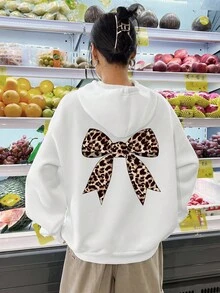 SHEIN Sudadera holgada con forro térmico, con acento de lazo con estampado de leopardo y diseño gráfico en la espalda, para adolescentes, otoño/invierno - Blanco - Ver 5