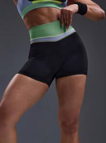 Powerista Contrast Color Patchwork High Waist Seamless Sports Shorts - Black - View 6