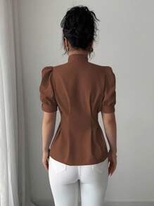 Selianne Áo sơ mi nữ cổ thắt eo màu trơn thanh lịch, mùa hè - Rỉ Nâu - Xem 2