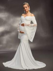 Cheriluna Maternity فستان تصوير الحمل / فستان حفلة أنيق / فستان استحمام الطفل - كتف مكشوف ، كم طويل غير متماثل مبالغ فيه ، فستان ماكسي بتصميم رقعة من الدانتيل