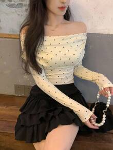 DAZY 女士露肩波点韩版优雅长袖T恤，春秋季 - 杏色 - 查看 5