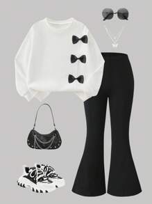 2 件套女童度假休闲优雅蝴蝶结拼接长袖运动衫和喇叭裤套装 - 白色 - 查看 1