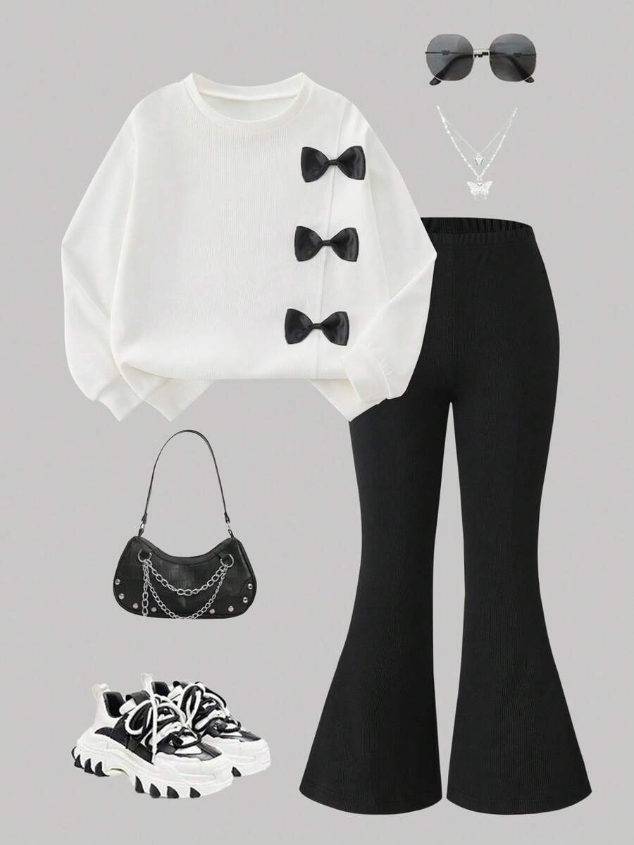 2 件套女童度假休闲优雅蝴蝶结拼接长袖运动衫和喇叭裤套装 - 白色 - 查看 1