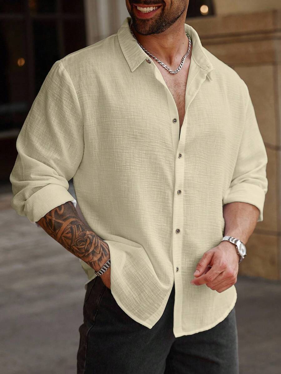 Manfinity Homme Men Plus Size Casual Solid Color Long Sleeve Shirt, Fall - Khaki - View 1