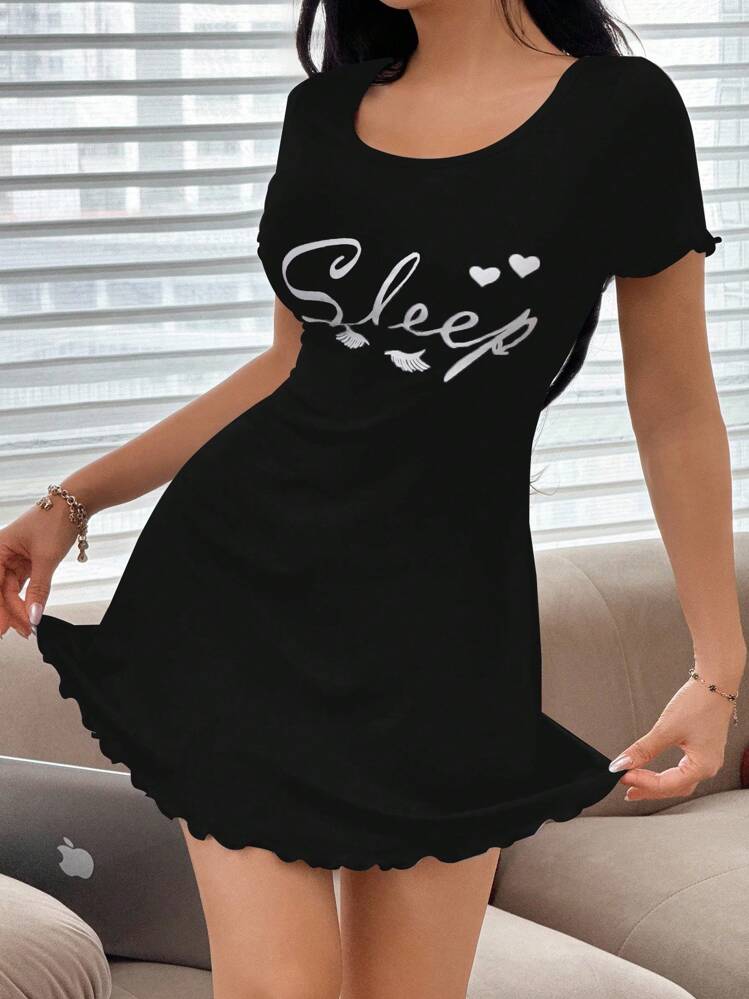 SHEIN 女士休闲短袖情书印花睡袍，夏季 - 黑色 - 查看 4