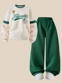 SHEIN 2pcs/Set Girls Casual Loose Drop Shoulder Sweatshirt And Wide Leg Pants, Autumn/Winter Fall