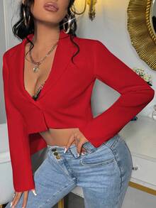 SHEIN SXY Women's Solid Color Minimalist Daily Short Blazer In Fall/Winter - Red - View 5