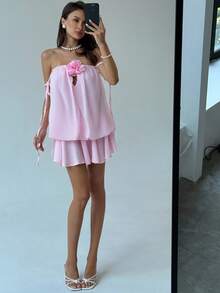 Aloruh Váy ngắn bandeau họa tiết hoa một bên vai ngọt ngào và cay nồng dành cho nữ, viền nhún bèo, quần short an toàn tích hợp để tránh hở hang - Hồng - Xem 9