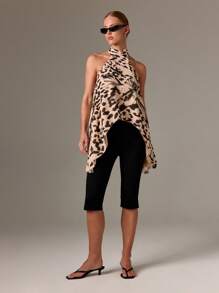 AiiRZ Blusa sin mangas con cuello alto, estampado de leopardo, corte asimétrico, diseño de halter, para uso en fiestas, eventos y salidas, con diseño vanguardista y estilo moderno y contemporáneo - Multicolor - Ver 2