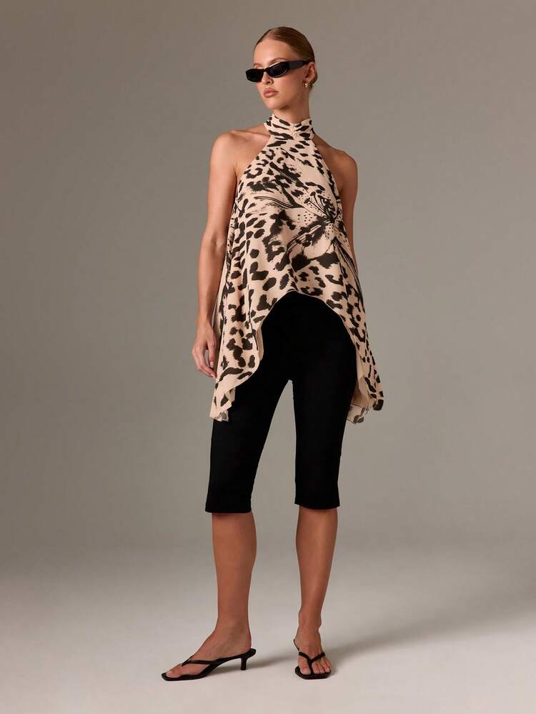 Asymmetric Leopard Print High Neck Tank Top