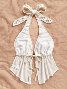 SHEIN WYWH 休闲女士性感时尚露背吊带上衣，饰有3D立体花卉图案和侧开衩设计 - 白色 - 查看 2