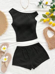 Soleia 女士纯色斜肩罗纹T恤和短裤休闲两件套 - 黑色 - 查看 1