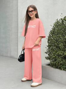 SHEIN Nova Glow 2pcs Tween Girl Set: Casual Letter Print Loose Fit Crew Neck T-Shirt + Printed Pants