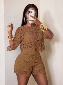 BamGleam Áo kiểu nữ dệt kim bốn mùa, chất liệu ren xuyên thấu, khoét eo gợi cảm, tay loe, kiểu dáng thanh lịch. - Màu Khaki - Xem 7