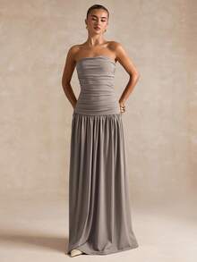 SHEIN BAE 女士优雅纯色连衣裙，秋季褶皱抹胸简约极简主义长裙连衣裙，老钱风格，办公室性感连衣裙，女士秋季连衣裙，商务休闲女士，婚礼宾客，飘逸连衣裙，露肩连衣裙 - 灰色 - 查看 3