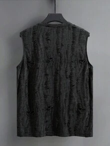 Claim Dot Men's Street-Style Distressed Texture Jacquard Sleeveless Crew Neck Fashion Tank Top - Black - View 2