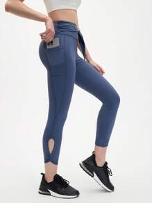 Eassivo Eassivo Women's Blue Twist Hollow Lace-Up Sports Leggings With Waist Tie - Dusty Blue - View 3