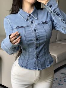 DAZY 女式修身长袖蝴蝶结腰部短款休闲牛仔衬衫 - 淺色水洗藍 - 查看 7