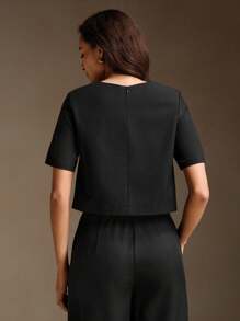 Anewsta Sequin Beaded Party Crop Top, Short Sleeve - Black - View 2