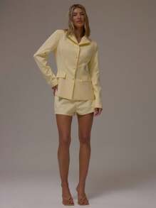 MUSERA Tailored Blazer Suit Long Line Pockets Pale Yellow Spring Summer Elegant Professional Business Casual Vacation Fall Winter Autumn Work Office Old Money Date Night Going Out Back To School Wedding Guest Christmas Suit Tailored Cute Brunch Vintage