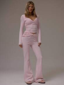 MUSERA 修身喇叭扭腰打底裤，休闲机场居家服，返校季、秋季、夏季、复活节 - 粉色 - 查看 1