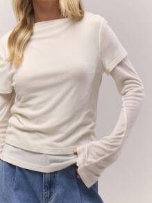 MUSERA 双层印花长袖上衣，酷女孩舒适可爱户外探险春夏假日必备 - 杏色 - 查看 5